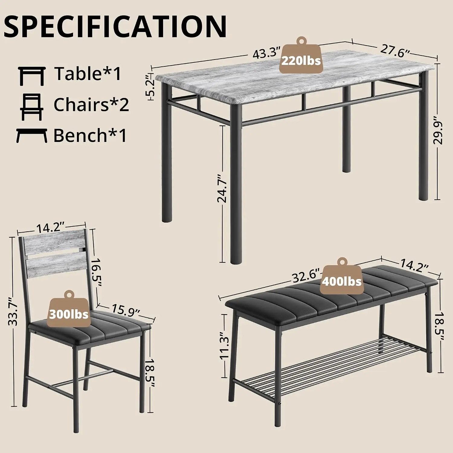 Dining Table Set for 4, Kitchen Table and Chairs Set, Gray | Kitchen Table with Upholstered Bench and 2 Chairs for Small Space, Apartment
