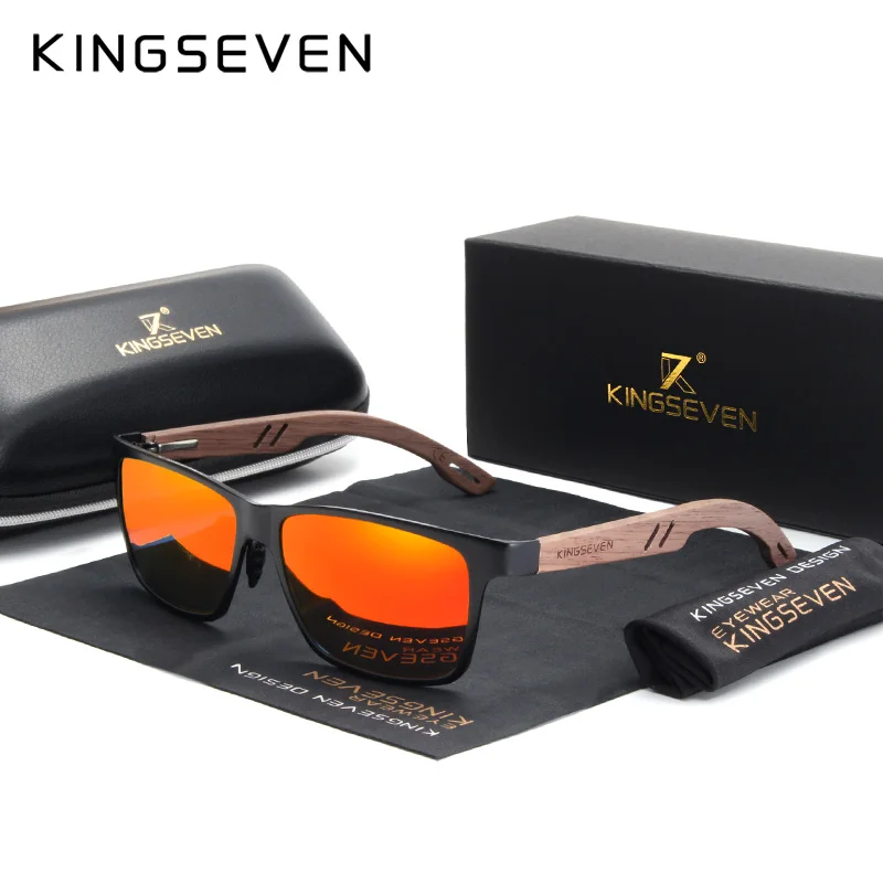KINGSEVEN New Design UV400 Polarized Sunglasses Men Aluminum Handmade Walnut Wooden Splice Eyewear Accessories Eye Glasses Women