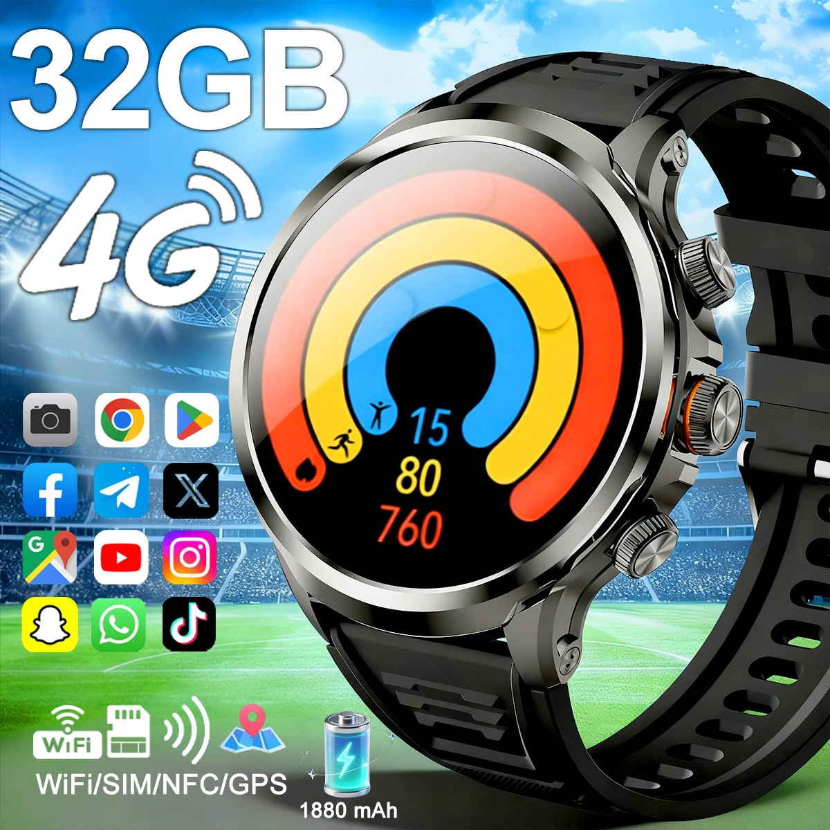 

New Smart Watch SIM NFC GPS 4G WIFI 32GB 10-day battery life Health Monitor Sport Video Calls 1.85''Big Screen Android Men Women