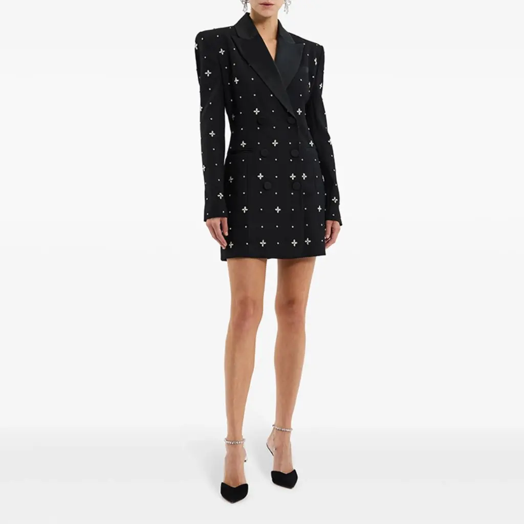 

Women's European And American Celebrity Style Suit Diamond Splicing Design Mid-Length Jacket Summer New Fashion Collar Waist