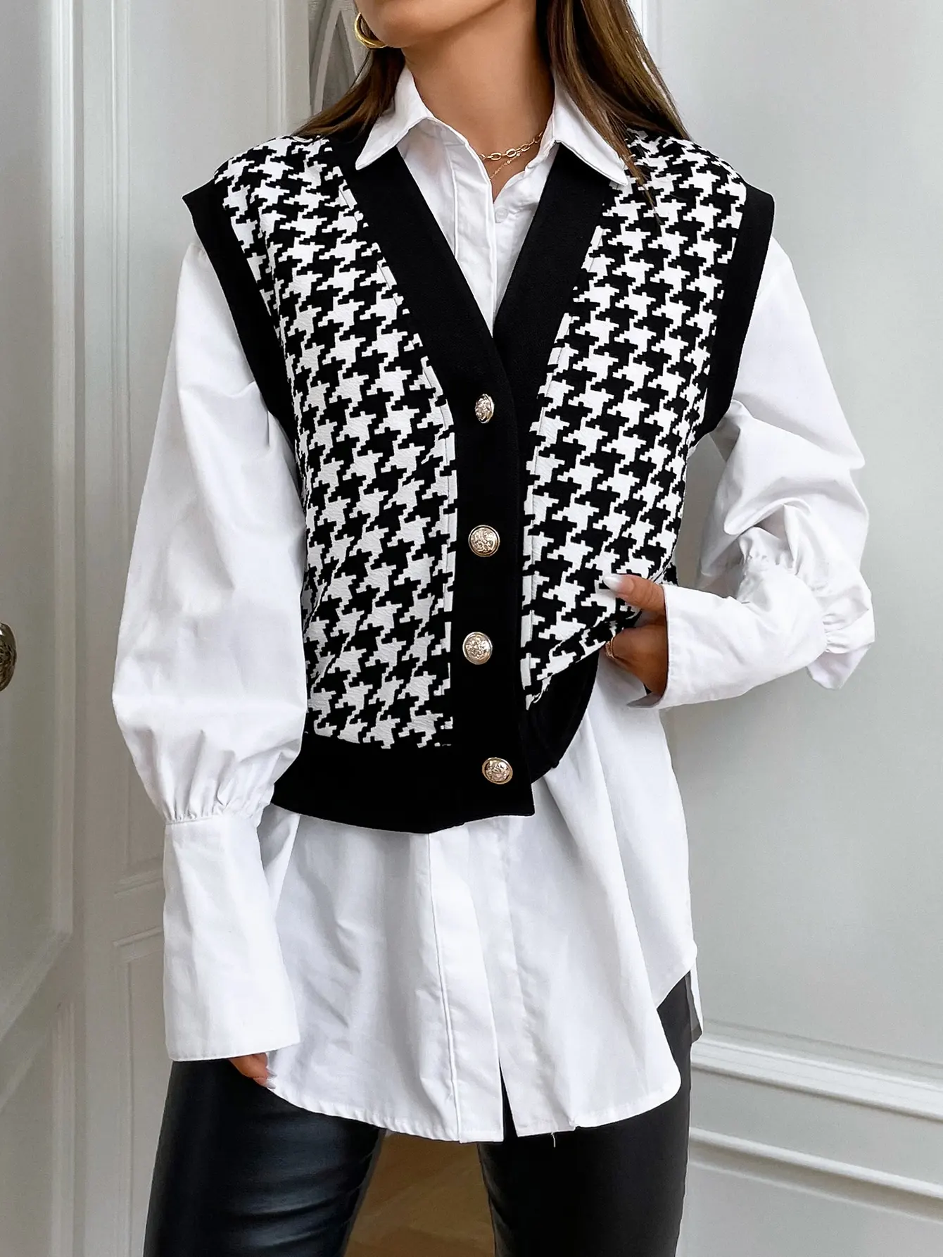 سترة نسائية بطبعة هاوندزتوث مع أزرار ذهبية، نمط ربيع الخريف، بدون بلوزة متضمنة