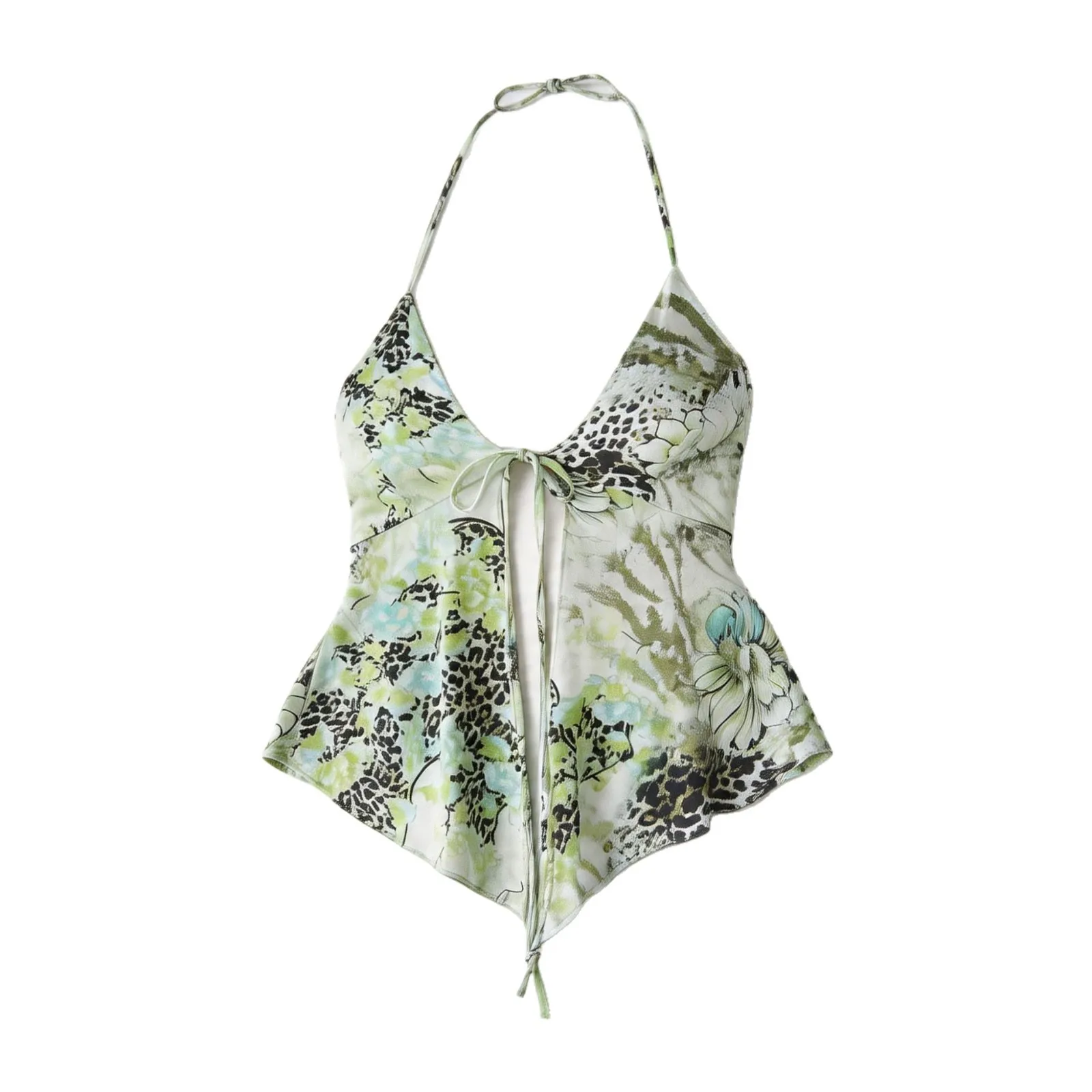 Halter Neck Printed Tops Asymmetrical Socialite Style with Tie Detail Tanks Top Slim Fit Sexy Style Open Front Summer for Women