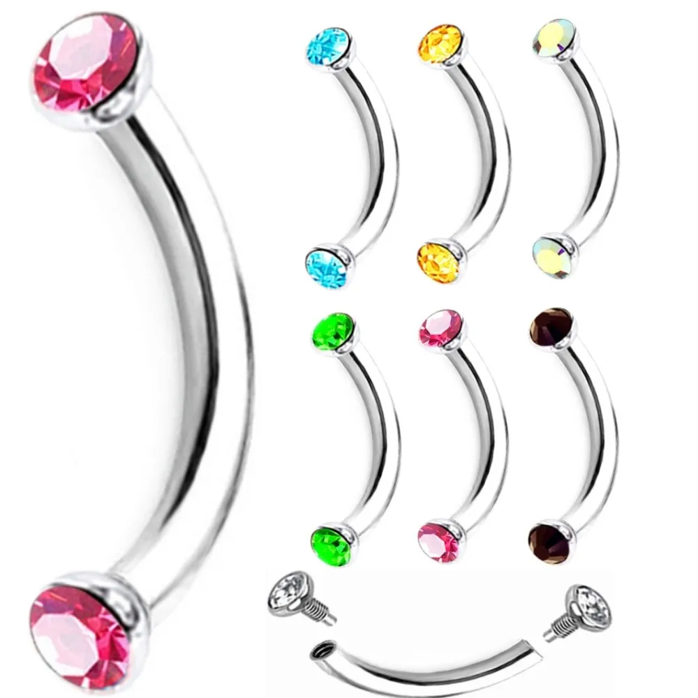 2/2.5/3mm Crystal 16g Eyebrow Ring Curved Barbell 6/8/10/12/14mm Bar Ear Lip Stud Internally Threaded Piercing