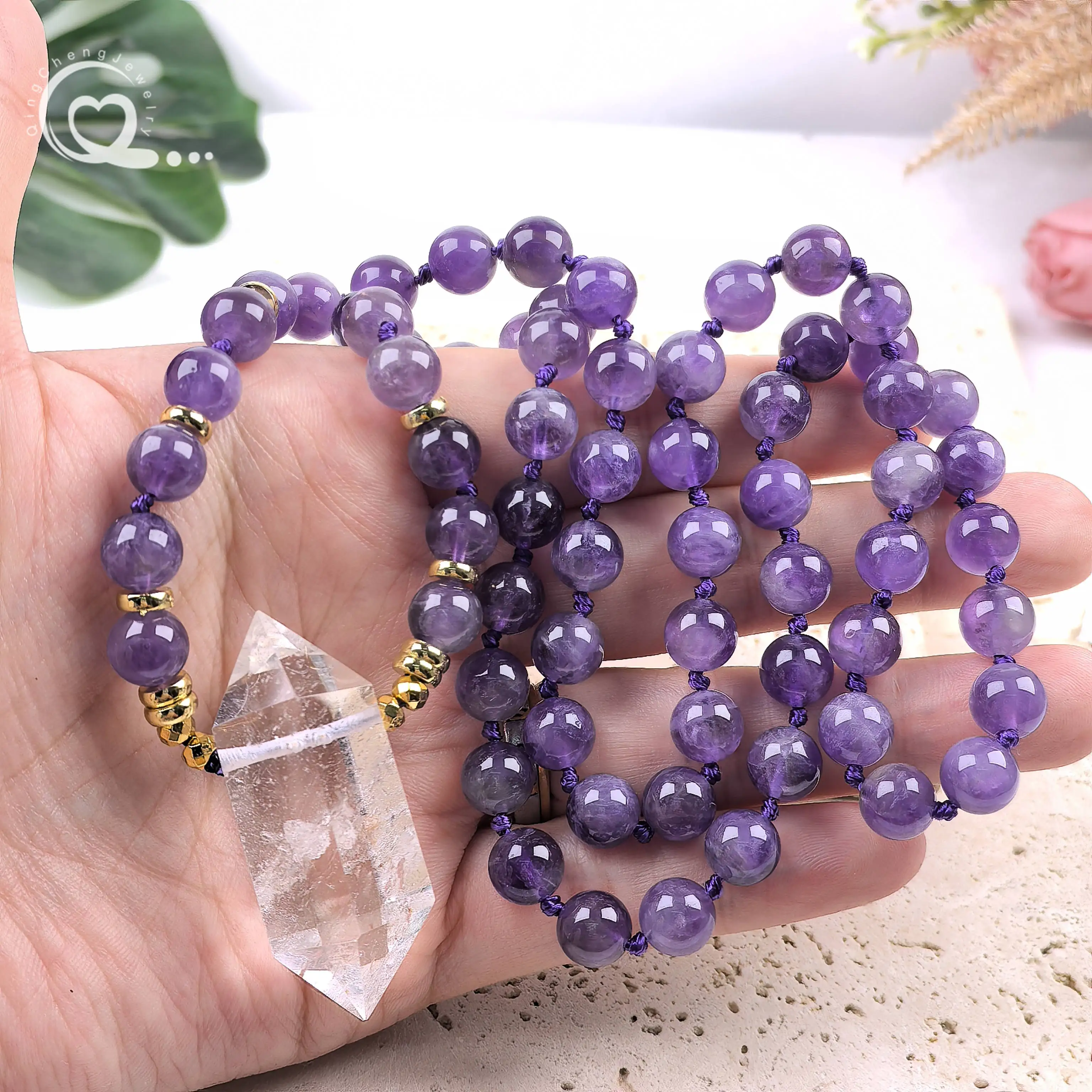 

Amethyst 8mm Round Beads Knotted Sweater Necklace Clear Crystal Quartz Double Point Pendants Yoga Mala Prayer Jewelry,QC0201