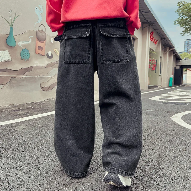 

Child Y2K Jeans Side Letters Black Jeans for Boys Hip Hop Fashion Harajuku Casual Denim Pants Streetwear Kids Straight Trousers