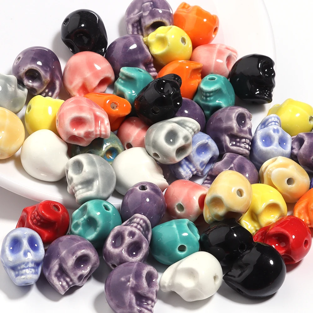 5pcs Colorful Skull Beads Ceramic Beads Halloween Decoration Loose Beads for DIY Bracelet Necklace Making Jewelry Accessories