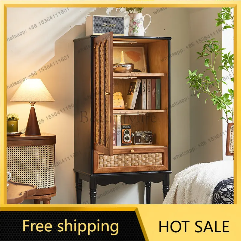 LD medieval rattan solid wood dining side cabinet wabi sandy wind black entrance cabinet