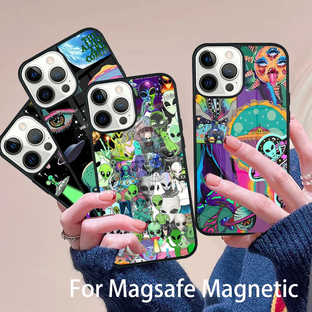 

Cartoon Aesthetics Alien Space Phone Case Magesafe Magnetic Wireless Charge Cover For IPhone 16 11 12 13 14 15 Pro Max Plus Mini
