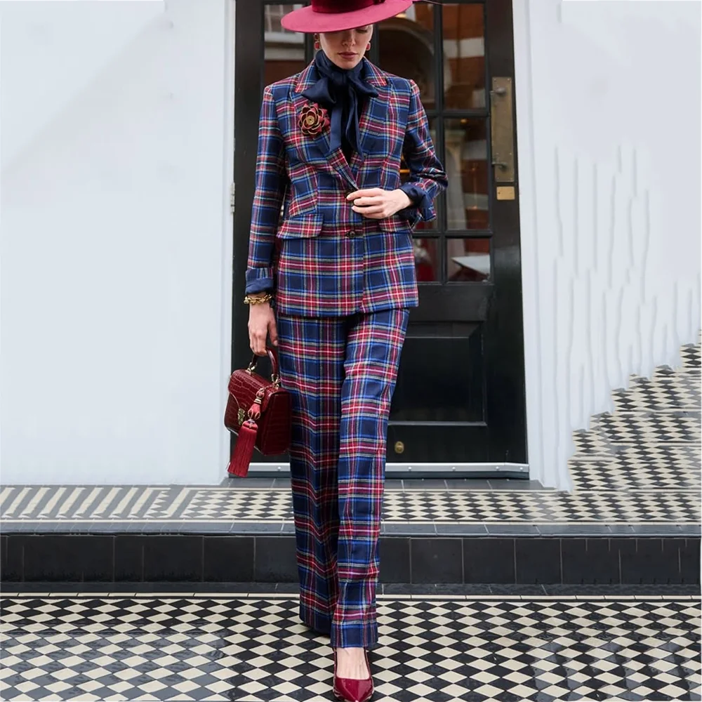 Fashion Plaid Women Suit Luxury 2026 Unique Design Peaked Lapel Outfit High Quality Modern Lady Clothes Customized(Jacket+Pants)