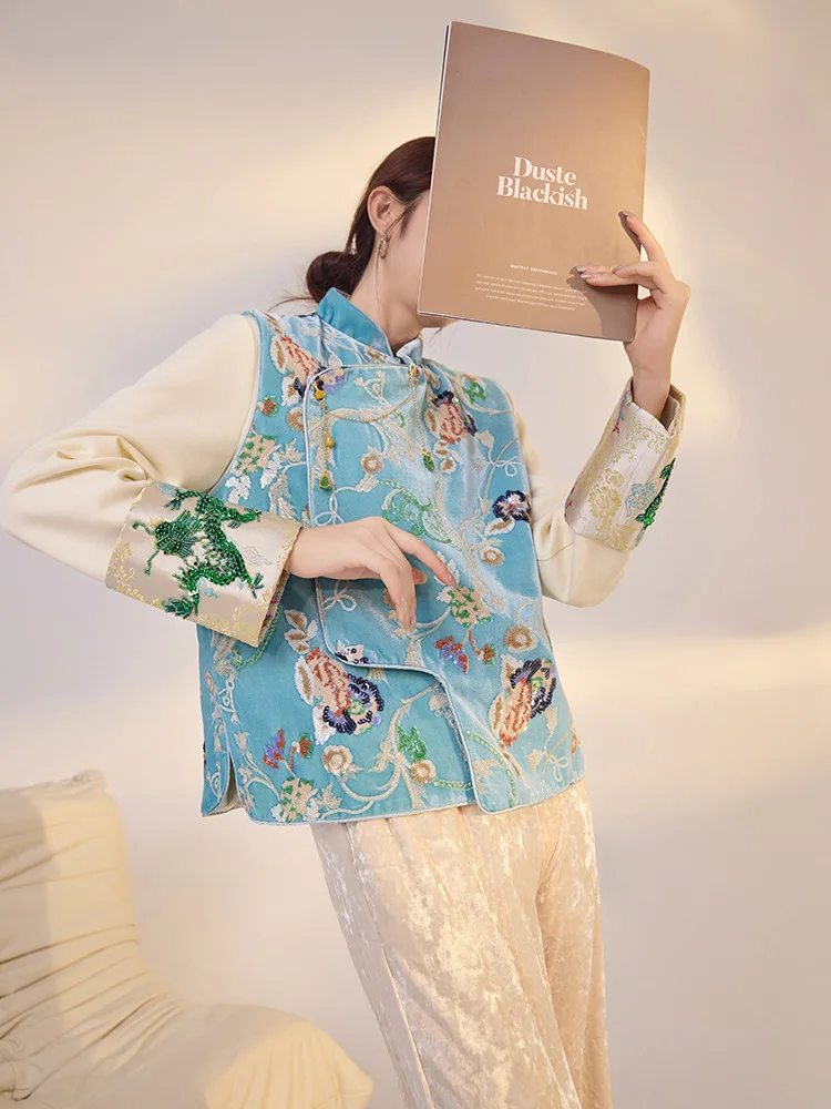 Chinese Style Satin Flower Embroidery Sequin Vest Loose Fit Top for Women Retro Ethnic Short Style Top