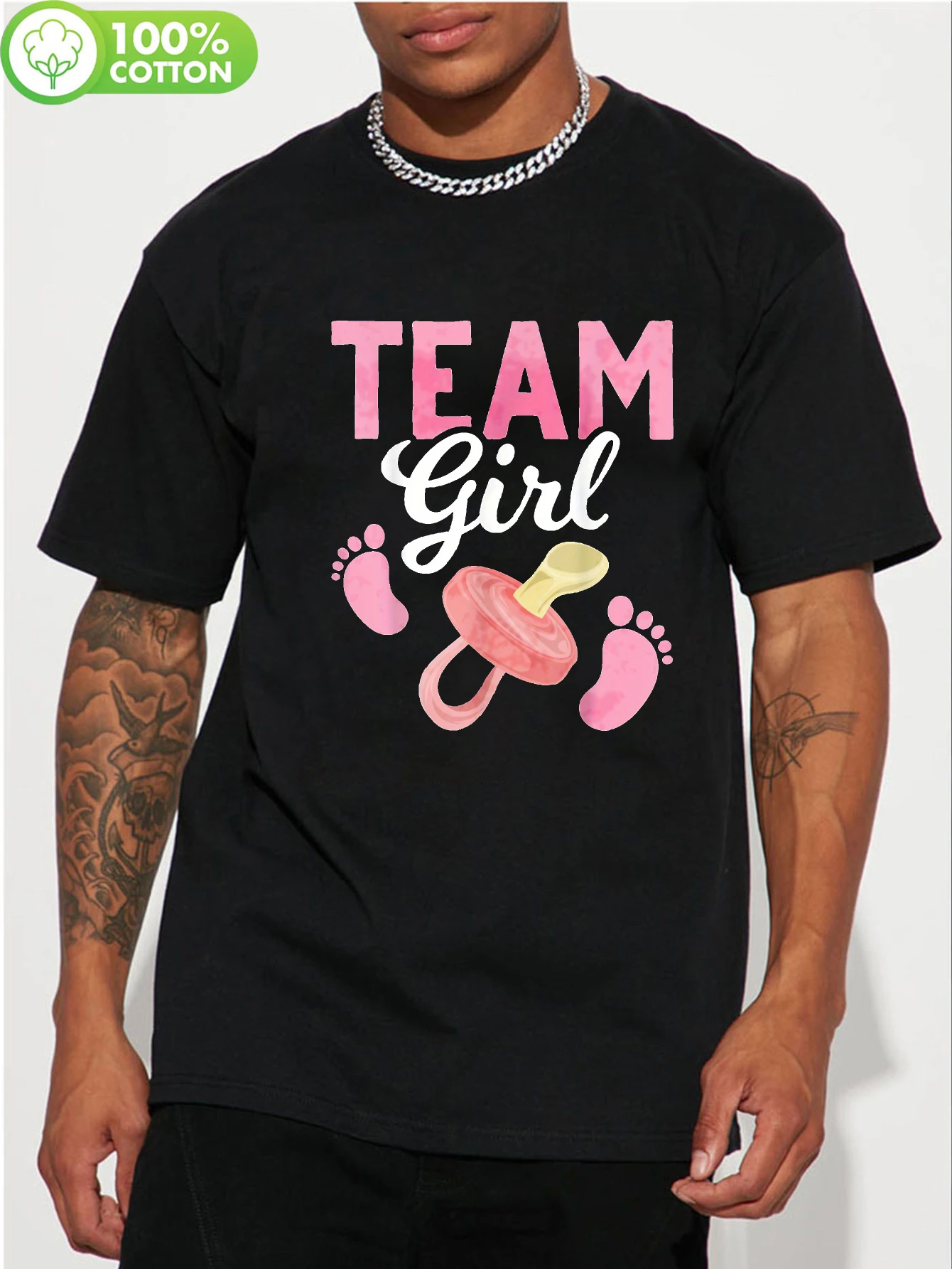 2026 Men's Gender Reveal T-Shirt - Team or Footprints & Ultrasound Icon Design, Pink & White Print on Black Crew Neck Tee for Pr