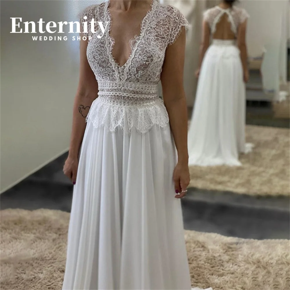 

Sexy A Line Bride Dresses V Neck Cap Sleeve Open Back Boho Lace Chiffon Wedding Dress Wedding Dresses for Woman Vestidos Dresses