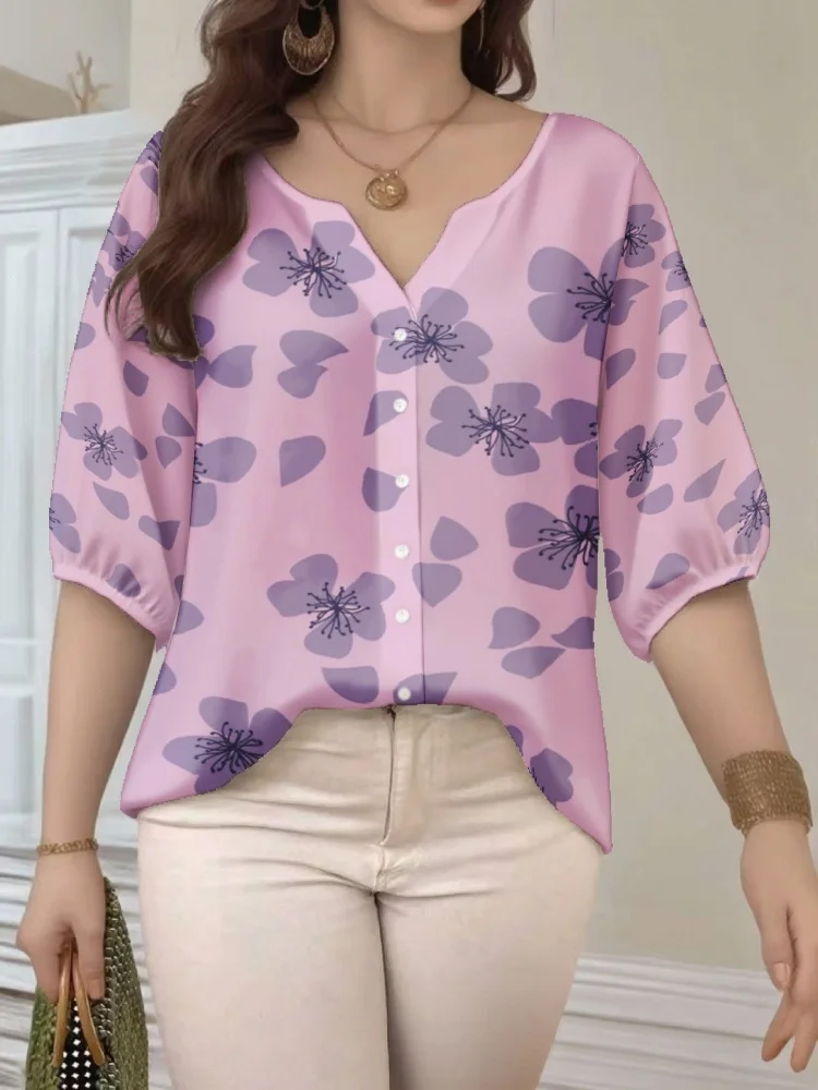 

Fashion Women's Blouses Vintage Half Puff Sleeve V-neck Single Breast Floral Printed Shirts Casual Loose Plus Size Tops 5XL