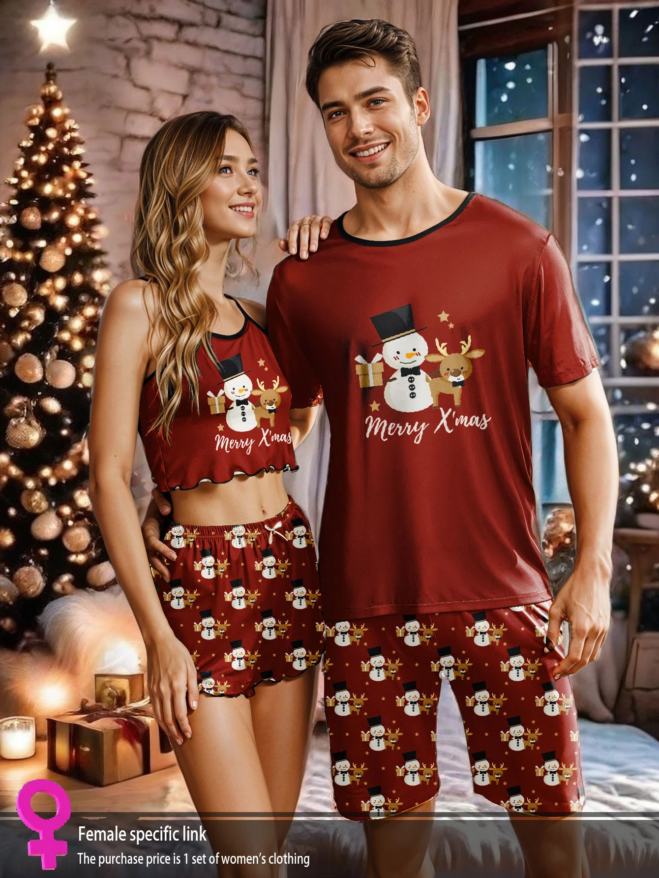 Women's Pajama Loungewear Set, Christmas-Themed Fun Print Camisole + Shorts Loungewear, 1 Top + 1 Pair of Pants, Suitable for Cool Weather