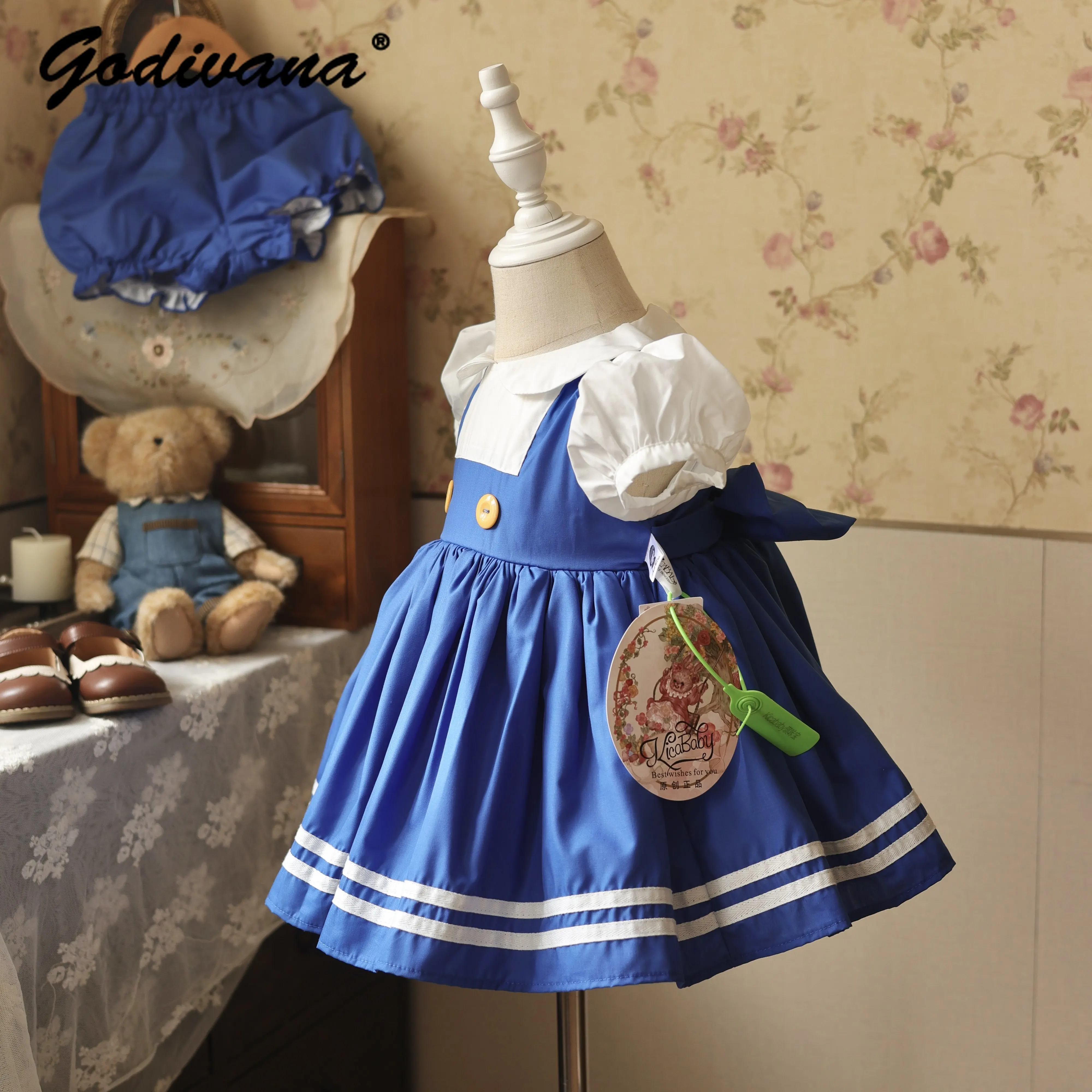 Original Retro Sweet Baby Girls Dress 2026 Summer New Vintage Preppy Doll Collar Puff Sleeve Faux Two-piece Daily Casual Dress
