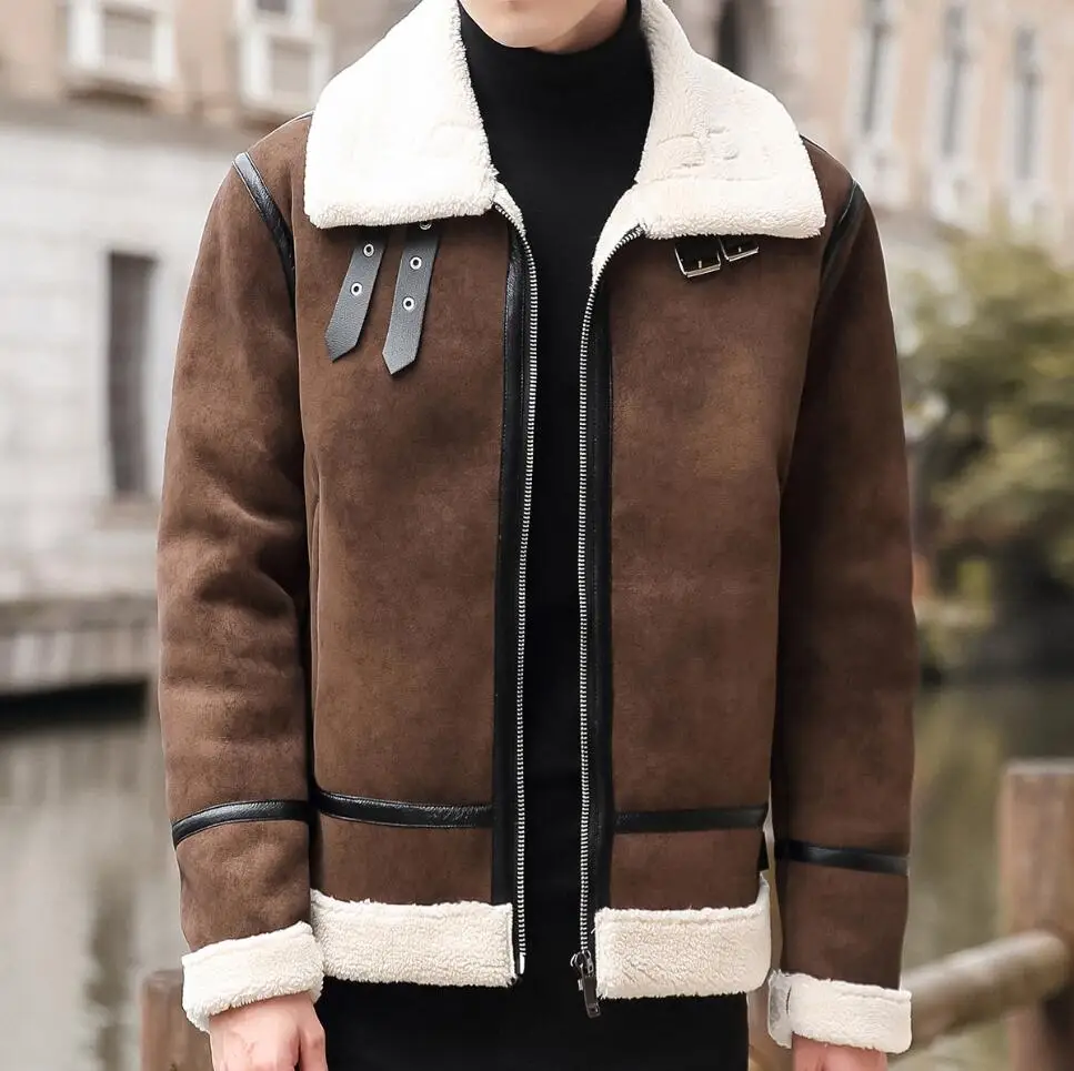 Men Leather Jacket Winter Faux Fur Collar Windproof Warm Clothing Fashion Solid Slim Korean Style Leather Coat Fleece Jacket