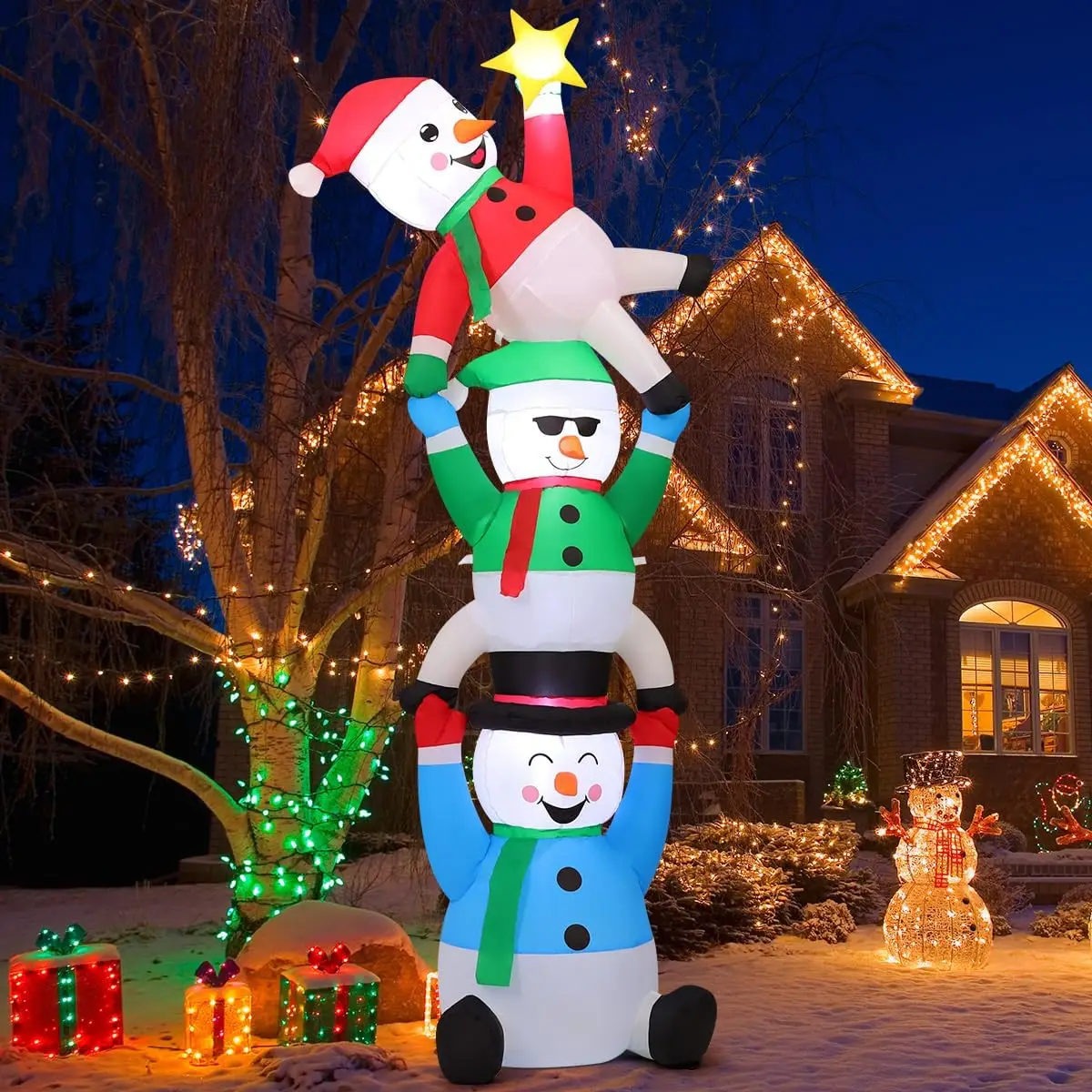 8 FT Inflatable Christmas Snowman Decoration Three Snowmen Pick Stars Indoor Outdoor Holiday Party Garden Yard Decor