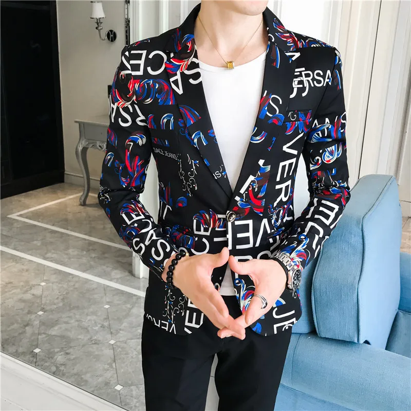 2022 spring and autumn men\'s personality trend printing slim button suit trendy small suit jacket men