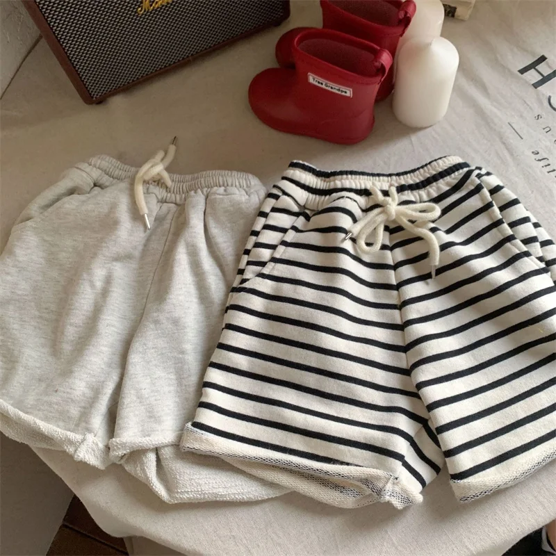 Summer Shorts Boys Striped Short Trousers Girls New Loose Sweatpants Baby Casual Fashion Pants Kids Solid Elastic Waist Clothes