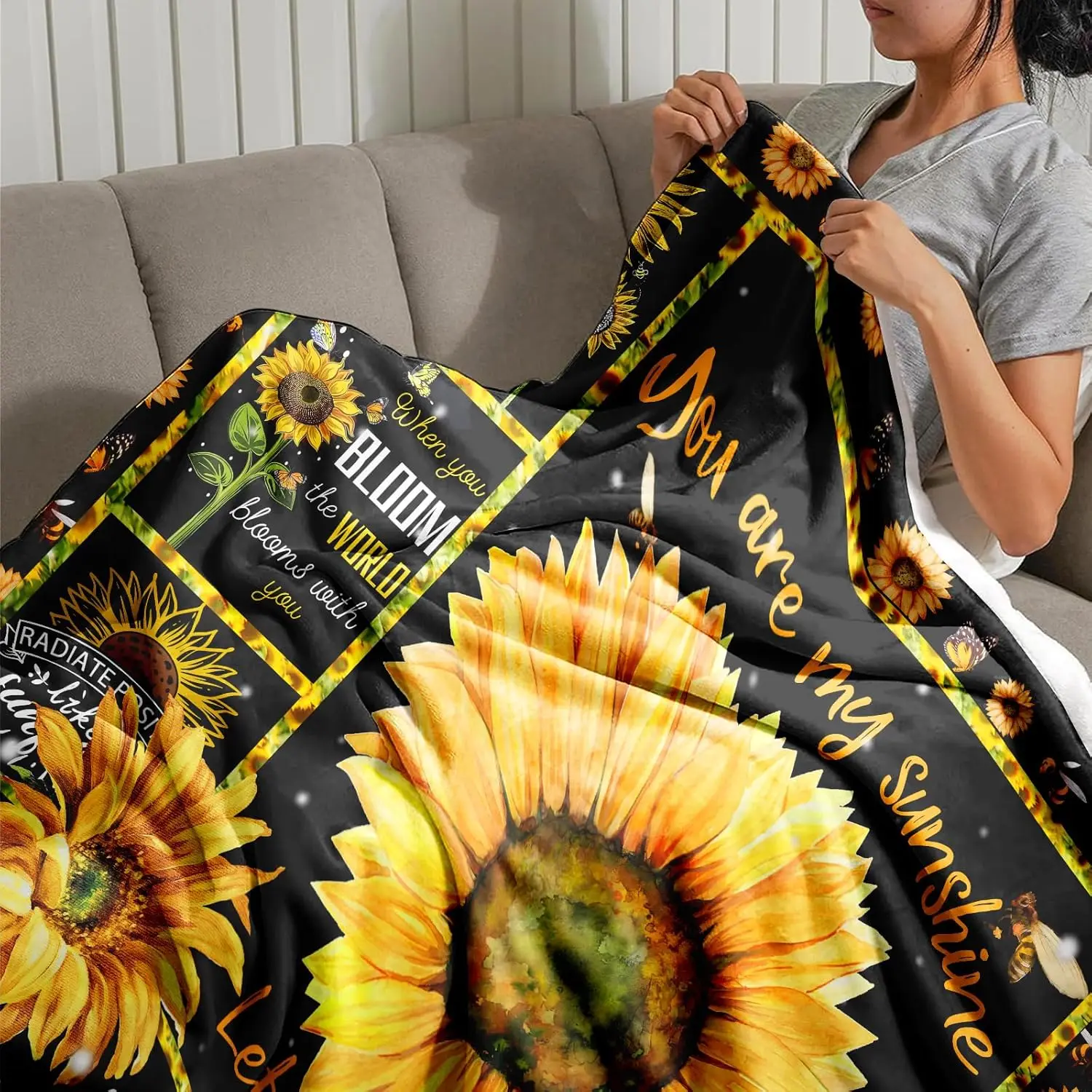 Koc flanelowy z motywem słonecznika, inspirujący napisem: „You are My Sunshine”, koc z cytatem: „Let Your Soul Bloom”, personalizowane koce.