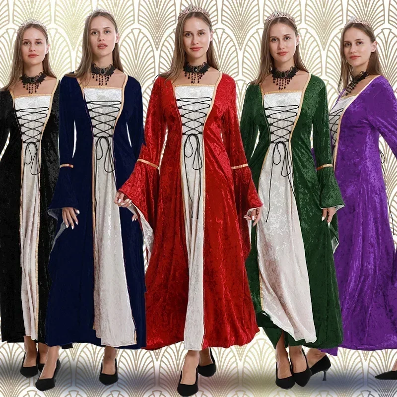 Europeu americano plus size roupas femininas alças de veludo dourado mangas chifre retro vestidos medievais roupas desempenho palco
