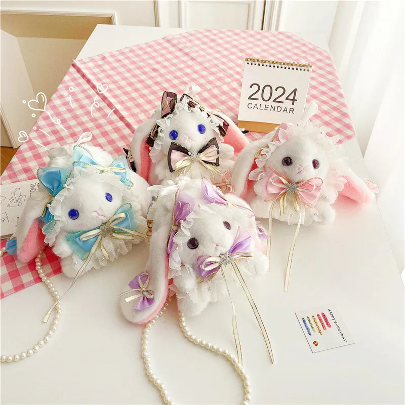 2024 New Handbag Princess Sweet Crossbody Bag Kawaii Lolita Bow Rabbit Plush Stuffed Shoulder Bag Girls Best Birthday Gifts