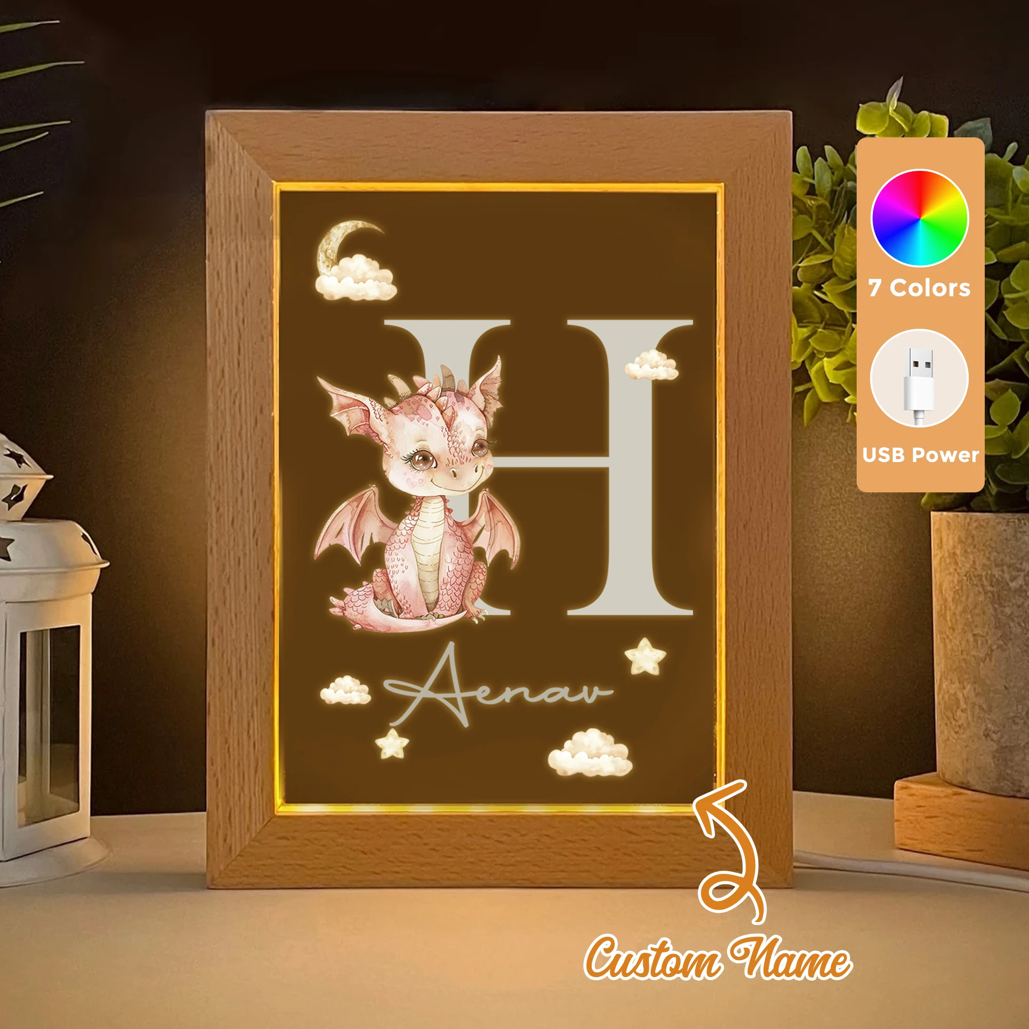 

2D Flat Custom Name Moon Dinosaur LED Acrylic Night Light Wood Photo Frame 21x17cm Cartoon Children Bedroom Gifts Home Decor