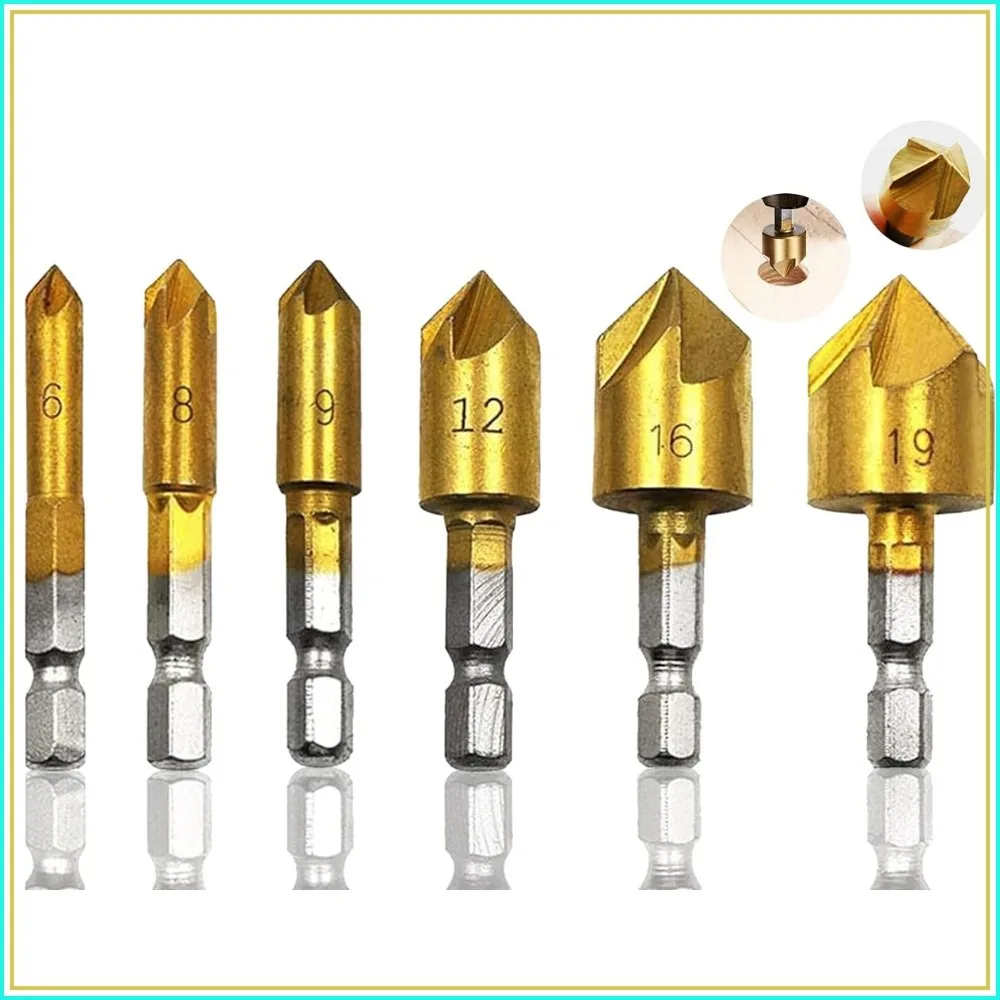 

6-Piece Countersink Drill Bit Set, 1/4" Hex Shank, HSS 5 Flute, 90 Degree, for Wood & Soft Metals, 6mm-19mm