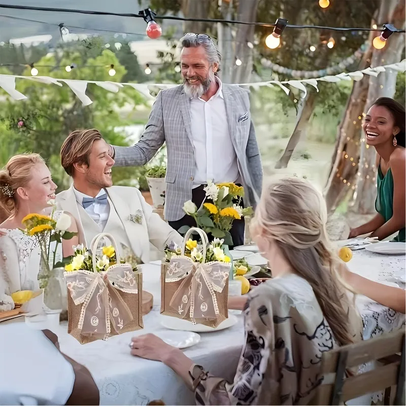 6PCS Natural Jute Tote Bag Handmade Drawstring Shopper - Reusable Cotton Linen Fabric Gift Pouch for Beach Wedding Favors