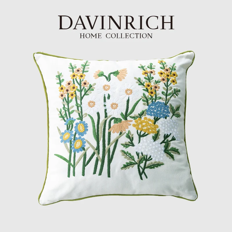 

DAVINRICH Daisy Floral Embroidered Pillow Cover Cotton Linen Texture Square Cushion Case Living Room Sofa Garden Style Home Deco