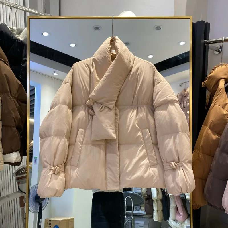 Winter Women's Clothing Buttons Short Down Jacket Scarf Collar New Loose Bread Jacket White Duck Down Coat Warm Luxury Jackets