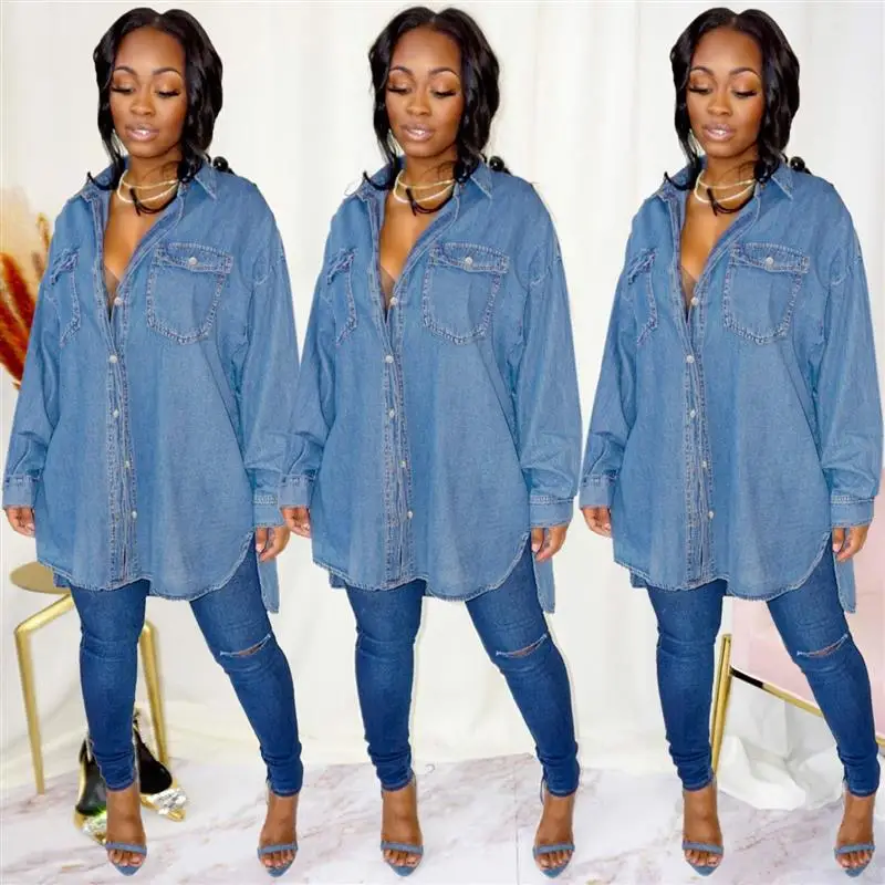 

Traceable Cross-Border ZT60380 Джинсовое женское пальто средней длины Классический однотонный воротник Длинный свеч-стойка Jaet