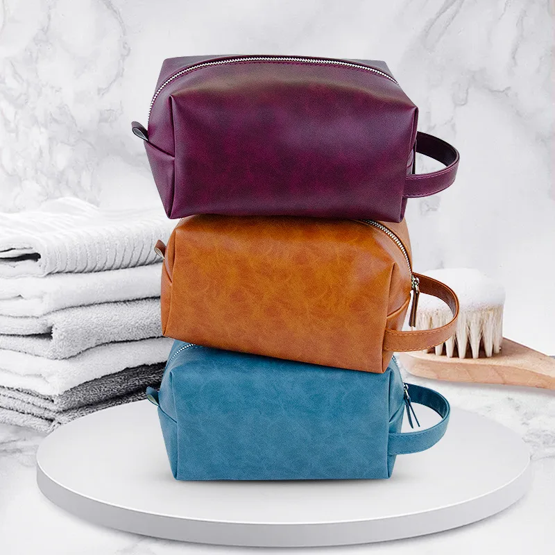 Business Portable Men's Pu Leather Cosmetic Toiletry Bag Travel Kit Mens Women Hanging Tote Makeup Bag for Men Women