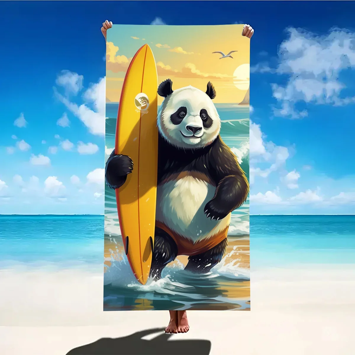 Beach towel panda surfboard pattern sun protection and windproof suitable for beach pool camping travel beach blanket