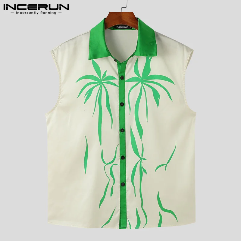 INCERUN Men\'s Shirt Lapel Sleeveless Button Printing Patchwork Casual Men Clothing Streetwear 2024 Summer Fashion Shirts S-5XL