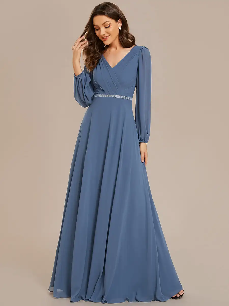 Elegant Evening Dresses Waisted V-neck long sleeve Sequins Floor-Length 2024 Ever pretty of Chiffon Dusty Navy Bridesmaid dress