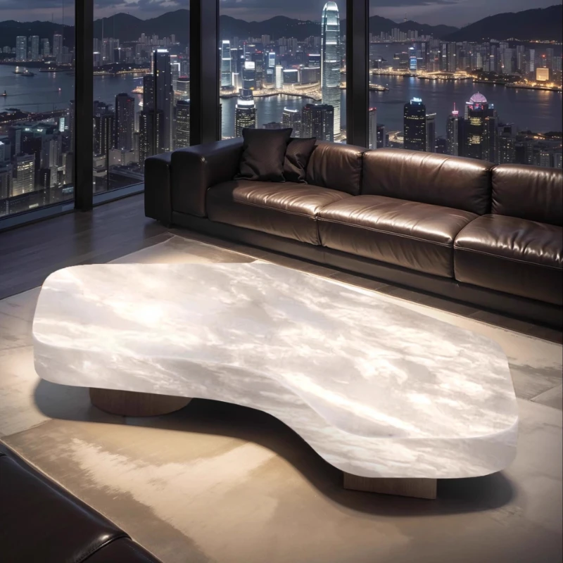 Luminous jade crescent moon coffee table living room  ice jade luxury stone light luxury large flat Nordic villa