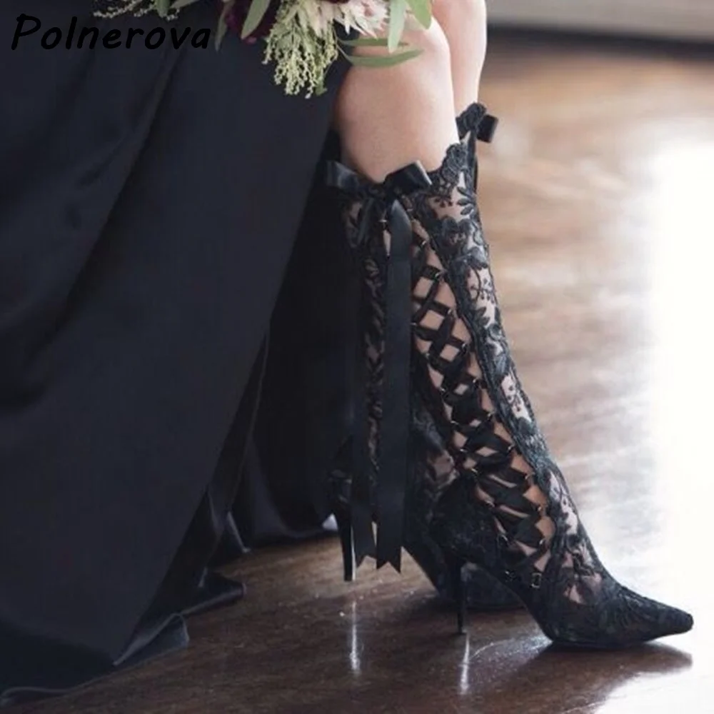 

Solid Lace Hollow Knee High Boots Pointy Toe Thin Heels Cross Tied Lace Up Black White Red Boots Sexy Elegant Runway Shoes