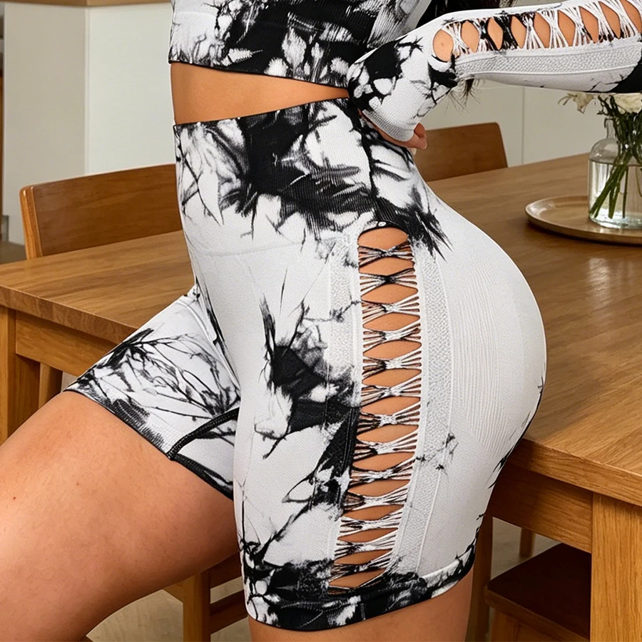 Women's Tie Dye Seamless Yoga Shorts Sexy Cutout Butt Lifting Gym Workout Shorts High Waist Biker  Fitness Shorts Sportwear