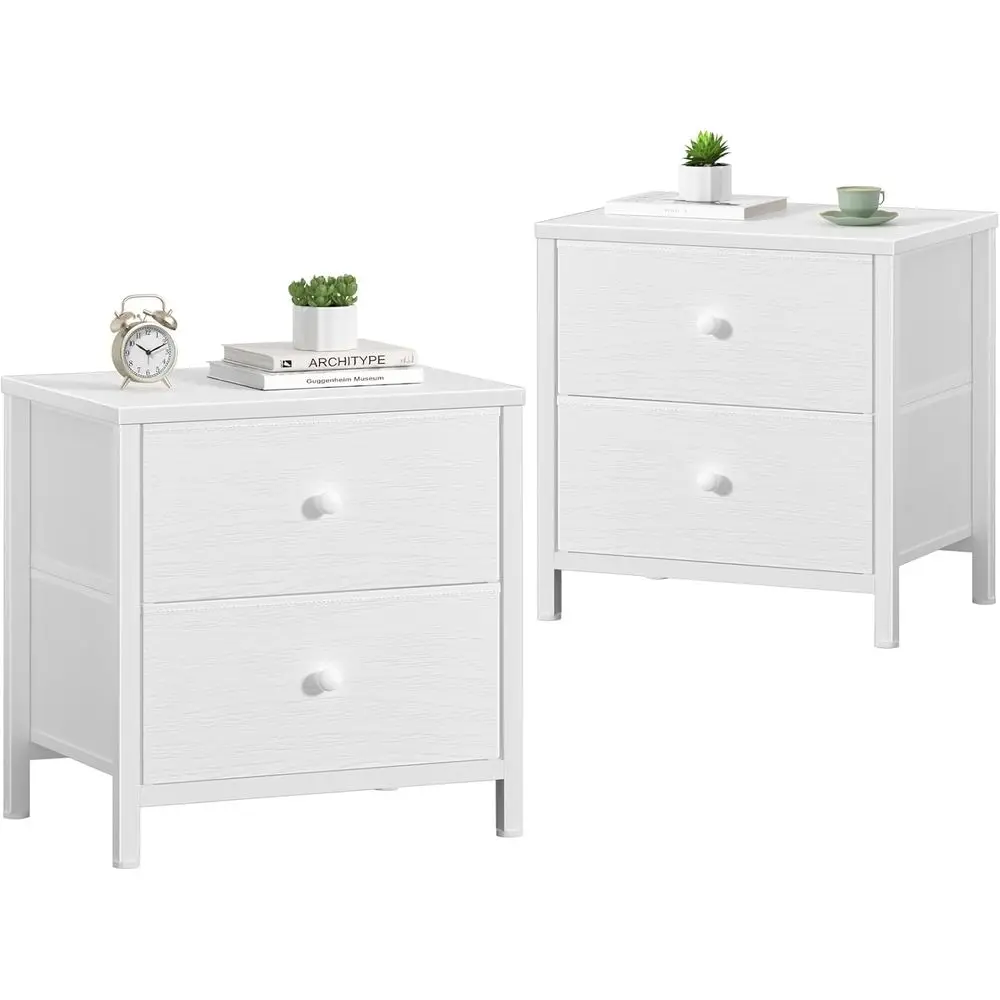 

White Nightstands Set of 2, Small Night Stand with 2 Fabric Drawer Dresser for Bedroom Dorm Bedside Table Modern