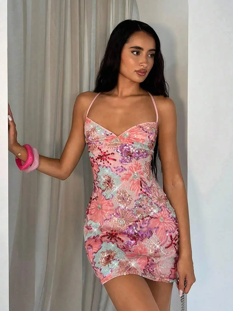 

Pink Floral Sequin Mini Dress with Spaghetti Straps and Backless Design