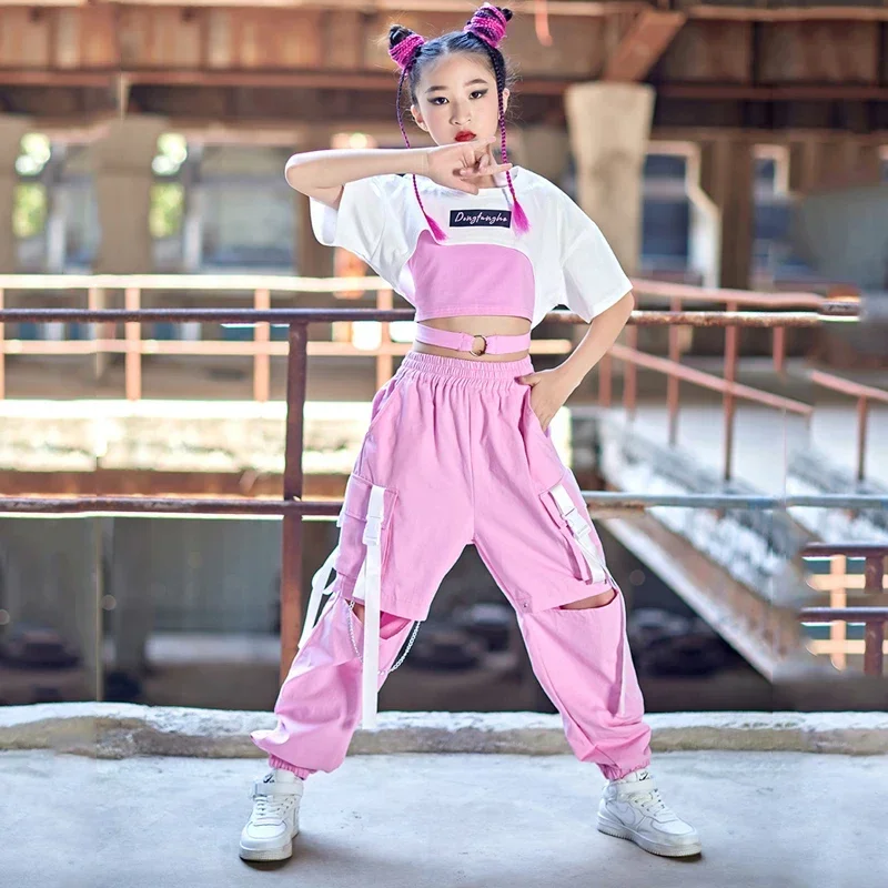 

White Crop Top Streetwear Baggy Pants For Girls Jazz Dance Costume Performance Stage Outfits Kid Kpop Hip Hop Clothing