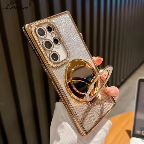 Glitter Diamond Gradient Mirror Bracket Case for Samsung Galaxy S25 S23 Ultra S24 FE S22 Plus A54 A55 A15 A35 Water Ripple Cover