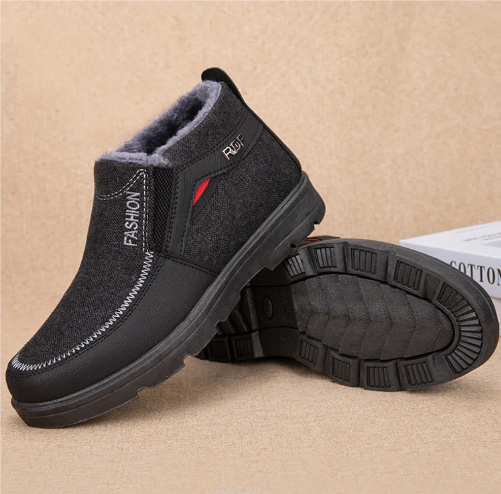 Fashion Warm Man Shoes Winter Snow Boots Faux Leather Fur Lined Shoes Elder Men Flat Ankle Plush Boots Light Cotton-padded Shoes