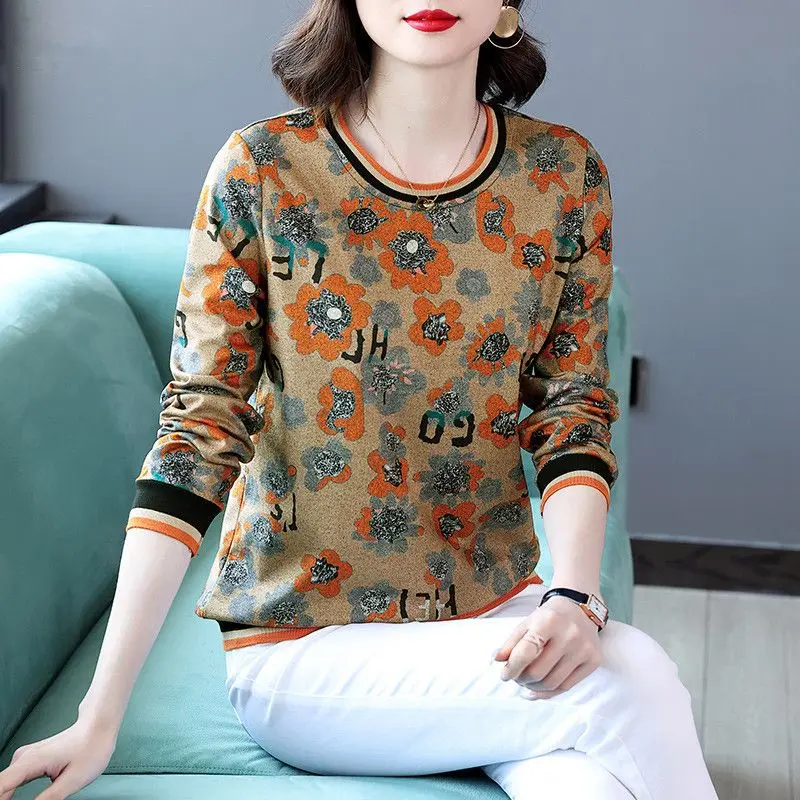 Spring Autumn Women\'s Clothing Pullover Round Neck Lantern Long Sleeve T-shirt Geometric Printing Contrast Color Casual Tops