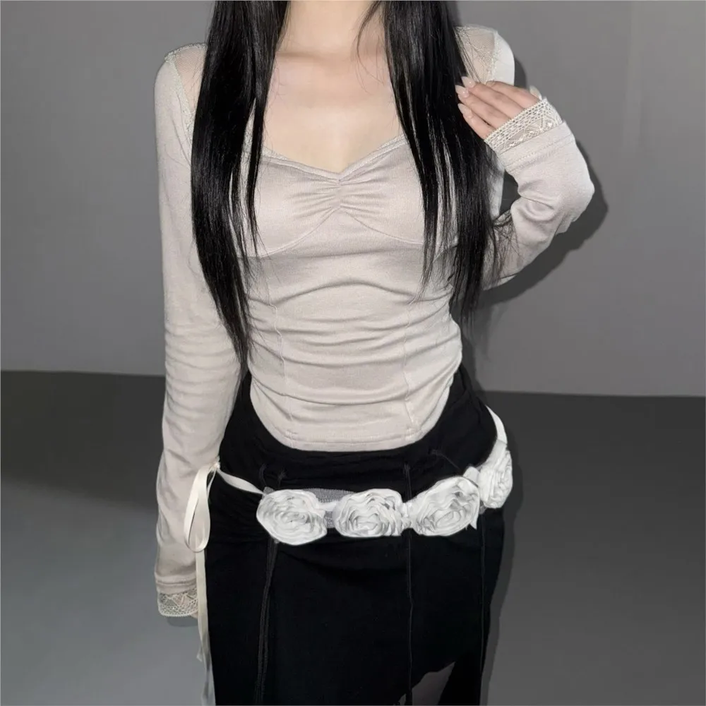 Women's Clothing Slim Sexy Long Sleeve T-shirt Lace Solid Color All-match Top Simple Style See Through Lace Vacation Temperament