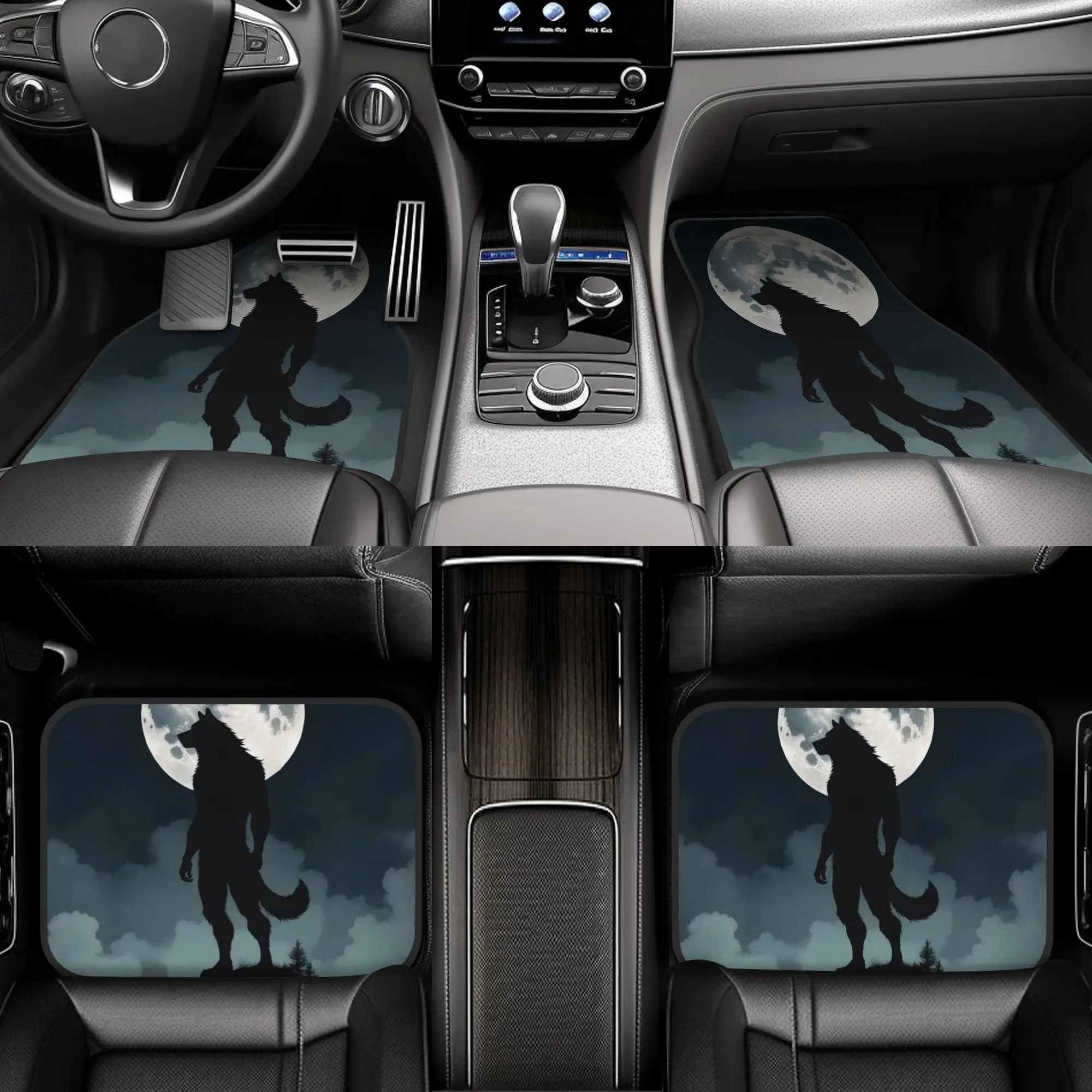 4pcs Werewolf Silhouette Under Moon Car Floor Mat - Easy-Clean Interior Accessories | Universal Fit For Most Vehicles