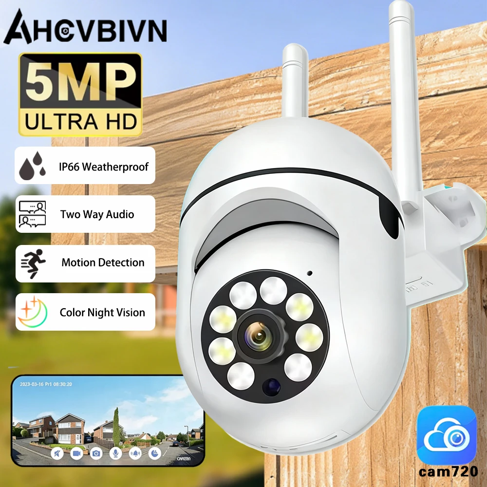 

5-мегапиксельная умная Wi-Fi PTZ-камера для улицы с автоматическим отслеживанием, двусторонней аудиосвязью, IP-камера видеонаблюдения, приложение Cam720