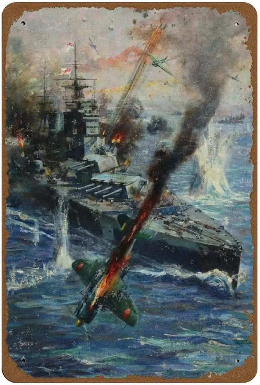 Aircraft Attack British Battleship Vintage Classic British WW2 Propaganda Poster Novelty 8x12 Tin Sign Metal Poster Wall Funny M