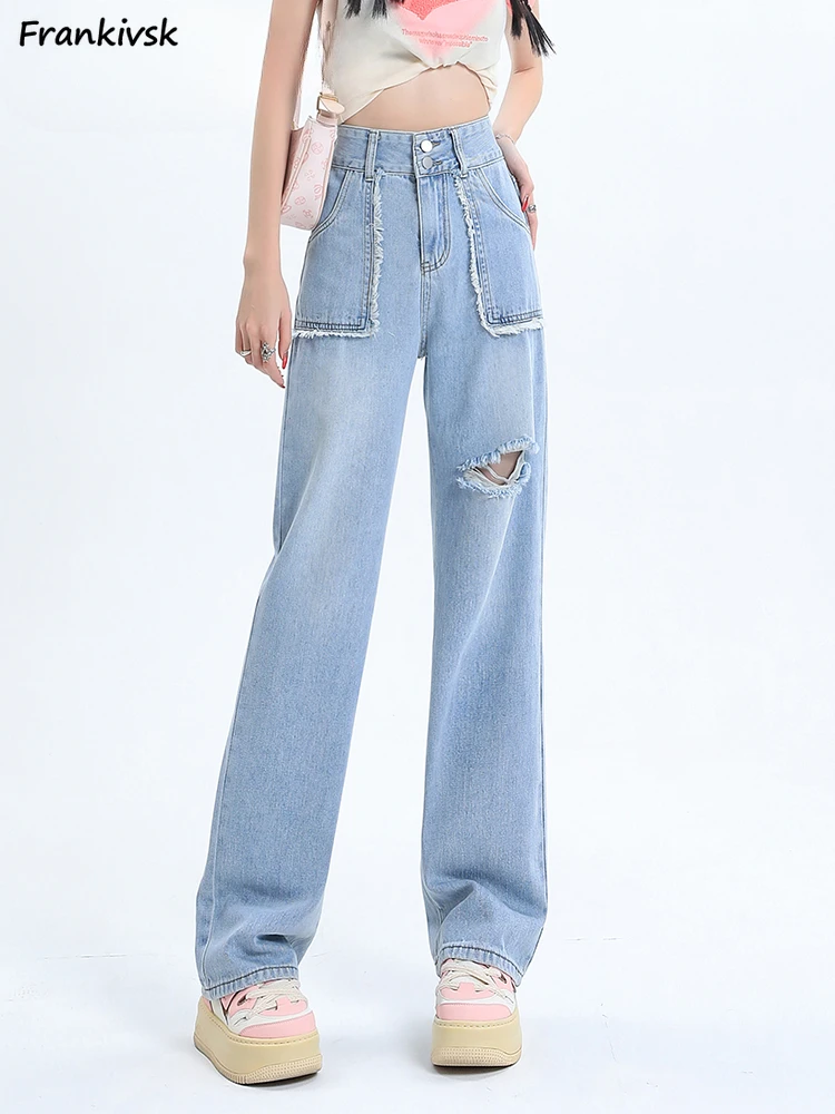 

Hole Wide Leg Jeans Women High Waist Asymmetrical Ankle Length Japanese Style Raw Edge Vintage Bleached Summer Frayed Y2K Retro